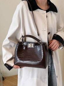 Dedoo 多功能通勤包，时尚女士手提包，优雅斜挎单肩包，高端鳄鱼纹PU托特包 - 咖啡棕 - 查看 4