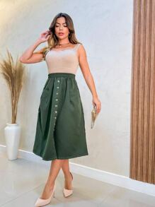 Faminina Tailored Midi Skirt With Fashion Bags And Buttons - 軍綠色 - 查看 2