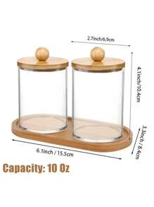 3件透明收纳盒，化妆清洁棉签收纳盒，多功能储物罐，带竹盖+托盘，适用于度假海滩、浴室收纳、卧室收纳，大容量