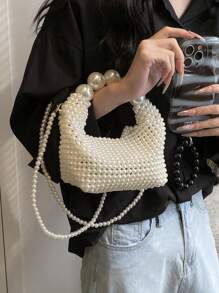 Bolso de noche tejido a mano puro para mujer, bolso de perlas de hadas retro francés, bolso de mano con gran capacidad celebridad de internet, adecuado para salir, citas, compras, combinaciones diarias, oficina, ir y venir, regalo