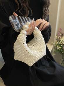 Bolso de noche tejido a mano puro para mujer, bolso de perlas de hadas retro francés, bolso de mano con gran capacidad celebridad de internet, adecuado para salir, citas, compras, combinaciones diarias, oficina, ir y venir, regalo