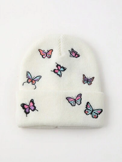1 件女士时尚全身刺绣多色蝴蝶针织帽，温暖冬季日常配饰