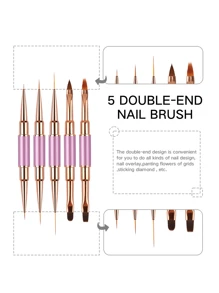 Set de pinceles de arte de uñas 5 piezas Pinceles de arte de uñas de doble punta para líneas largas, pincel fino para detalles de uñas, pincel de diseño de uñas, pincel ombre, Set de pinceles 3D para esmalte de gel, acrílico y dibujo de uñas