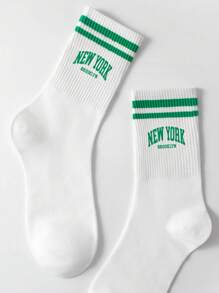 1 Paar Herrensocken Bis Mitte Wade Mit 'neuem' Buchstaben Design, Grünen Streifen, Anti-geruch Und Schweißabsorbierend, Lässiger Stil Für Den Täglichen Gebrauch