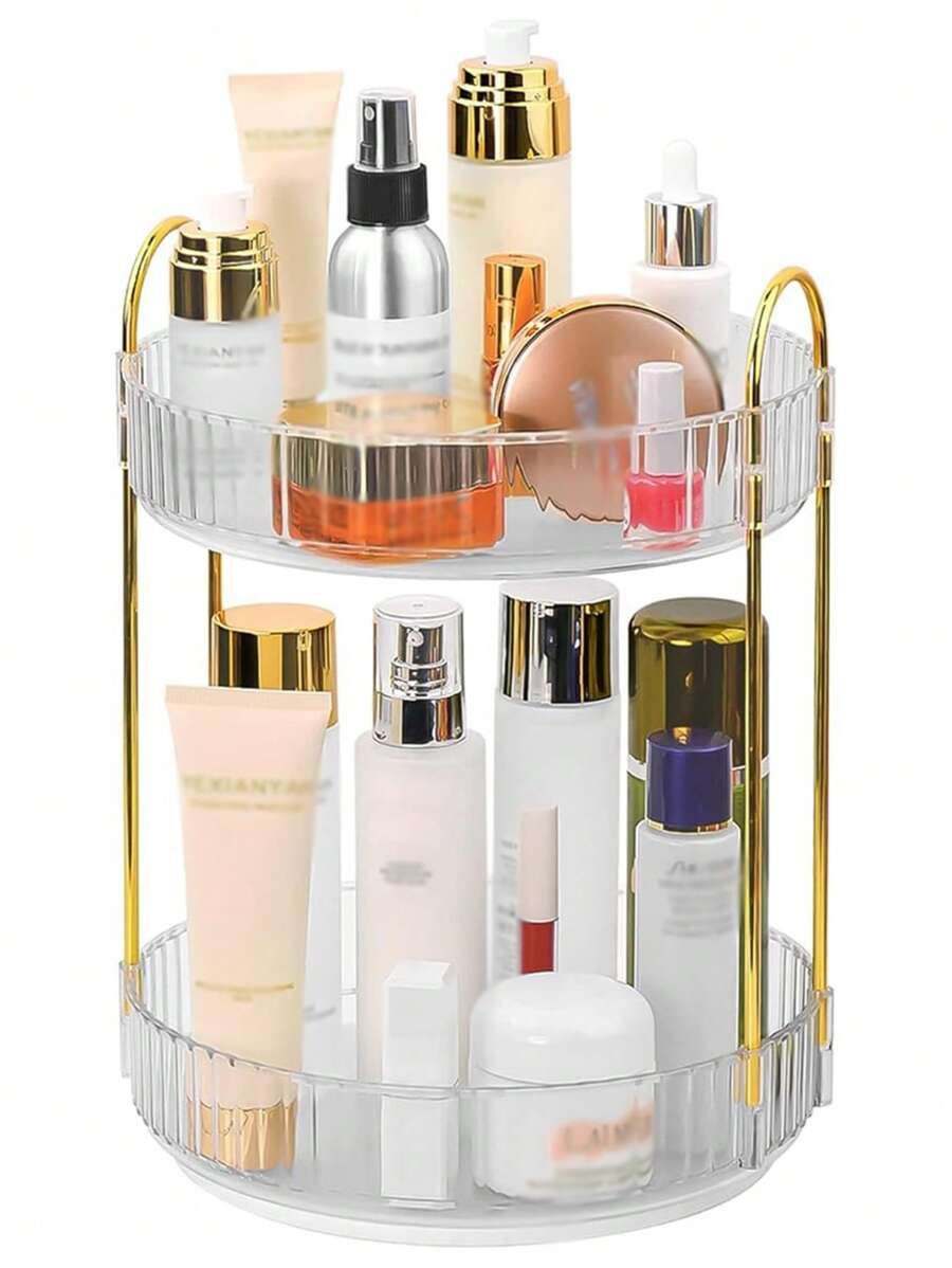 2层旋转香水护肤品收纳器，360°旋转化妆品收纳器大容量化妆品收纳，适用于浴室、梳妆台、台面家居浴室装饰夏季 - 透明的 - 查看 1