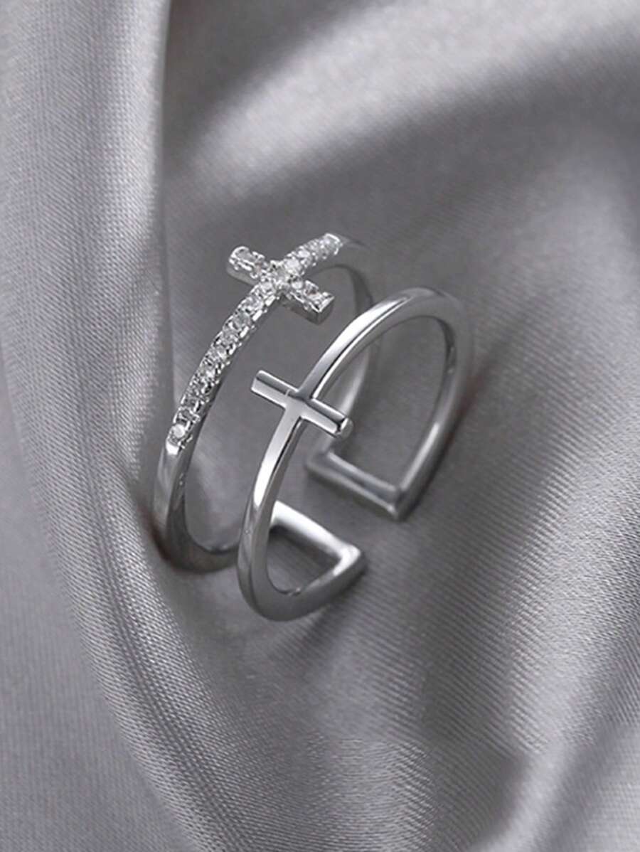 1pc Minimalist Layered Cross Crown Design Adjustable Open Ring, Unique & Versatile - Antique Silver - View 1