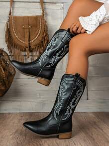 秋冬性感西部牛仔过膝长靴，V领刺绣，完美搭配迷你裙或黑色连衣裙，尖头粗跟，牛仔靴 - 黑色 - 查看 2