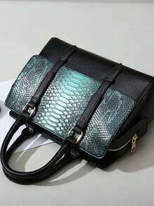 撞色高档蛇纹女士手提包，简洁拉链开合，欧美风格手提包，可斜挎在肩上，适合女性日常使用。 - 墨綠色 - 查看 6