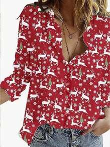 Popular Christmas Print Button-Up Long Sleeve Casual Fashionable Versatile Shirt - Red - View 1