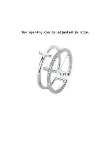1pc Minimalist Layered Cross Crown Design Adjustable Open Ring, Unique & Versatile - Antique Silver - View 6