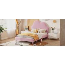 Twin Size Upholstered Cloud-Shape Bed ,Velvet Platform Bed With Headboard,No Box-Spring Needed,Pink