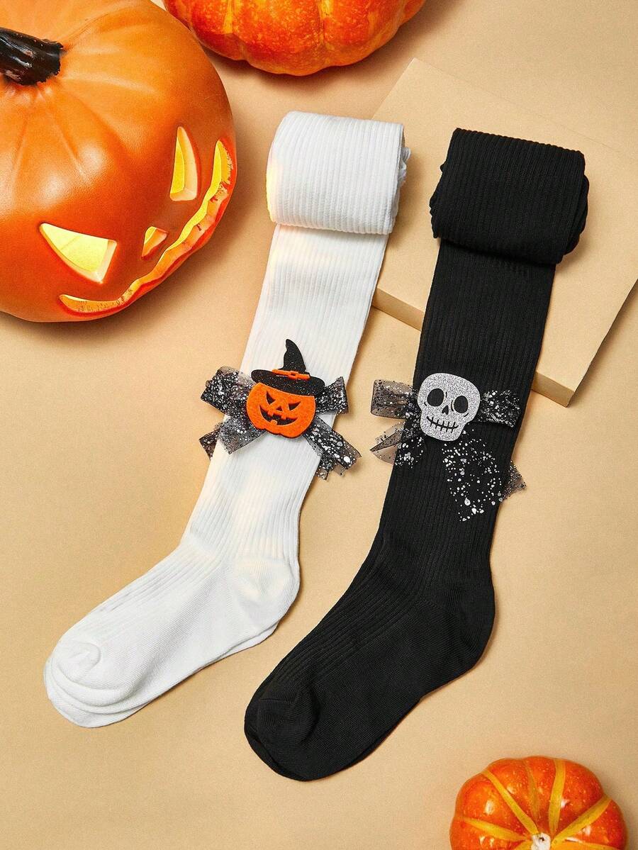 Conjunto de 2 meias-calças para bebês meninas com estampa de fantasmas para o Halloween.