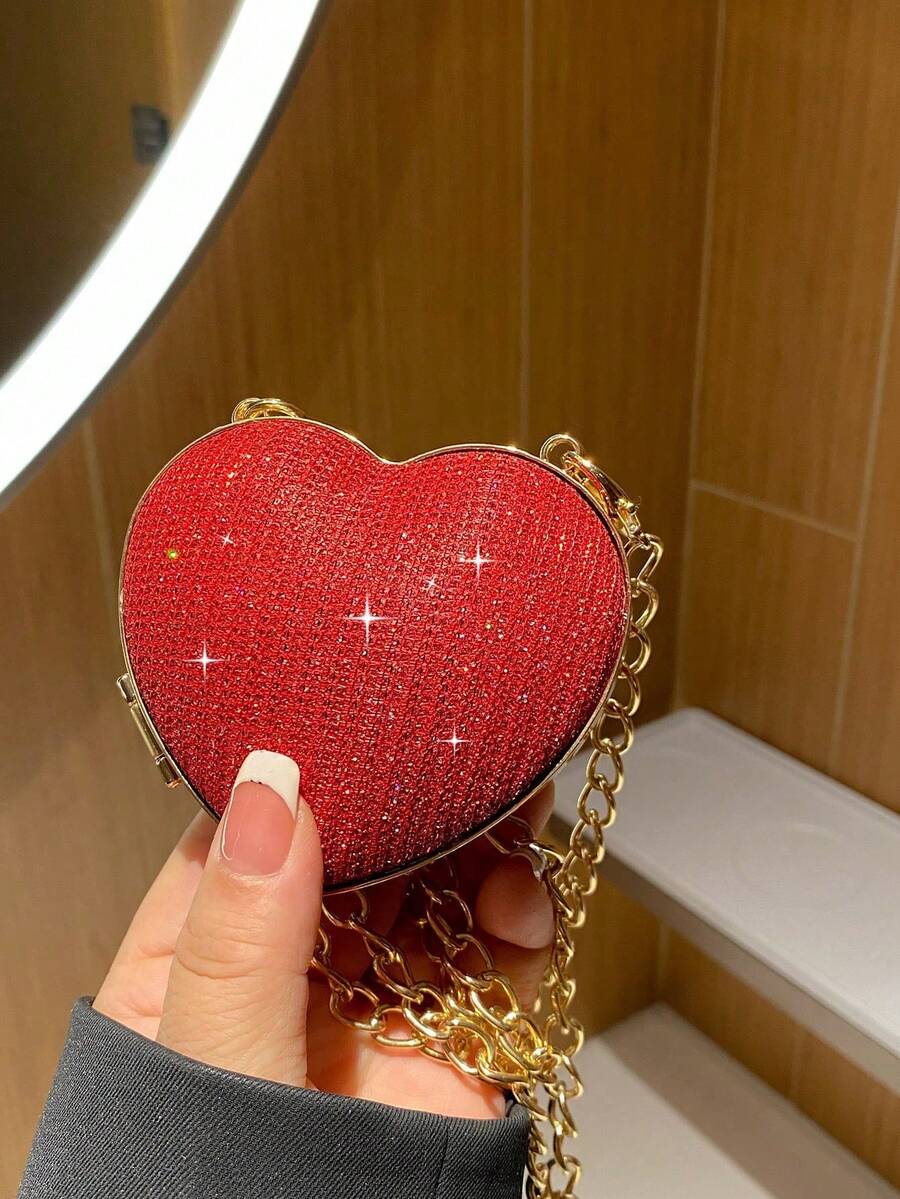 Fashionable Chain Strap Mini Heart-Shaped Evening Bag Valentines - Red - View 1