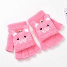 1双紫红色针织半指手套，卡通设计，厚实保暖，男女通用，秋冬季 - 1Pair - 查看 4