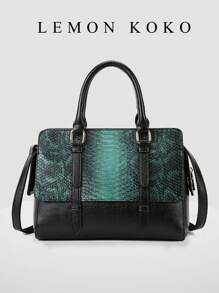 撞色高档蛇纹女士手提包，简洁拉链开合，欧美风格手提包，可斜挎在肩上，适合女性日常使用。 - 墨綠色 - 查看 2