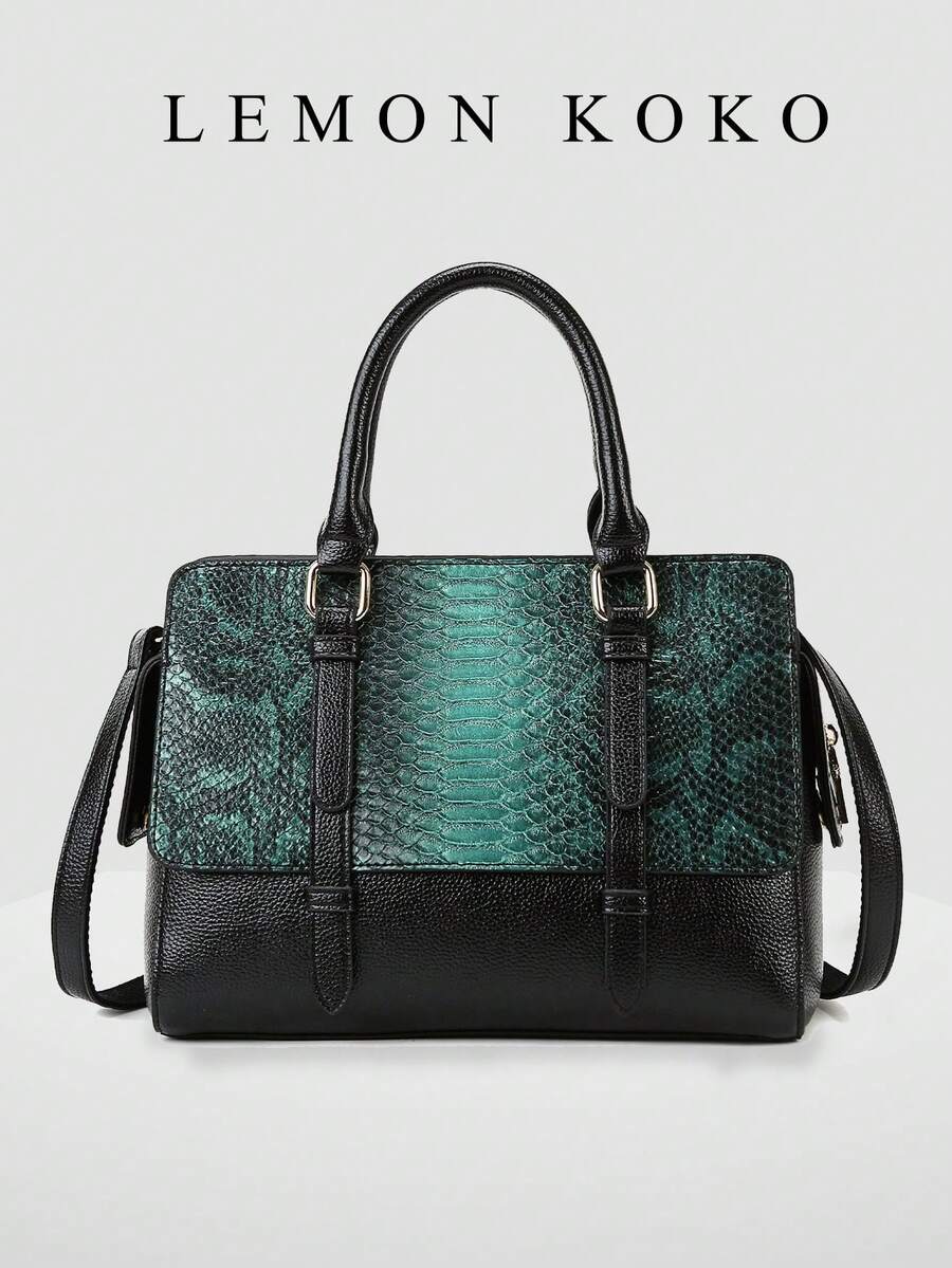 撞色高档蛇纹女士手提包，简洁拉链开合，欧美风格手提包，可斜挎在肩上，适合女性日常使用。