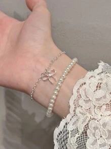 1 件时尚多层蝴蝶结串珠手链，适合女性日常佩戴情人节、妈妈、母亲、母亲节、礼物 - 彩色 - 查看 2