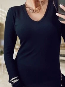 Long Sleeve Woolen Blouse Women's Second Skin V Neck Casual Fashion Fashion - 黑色 - 查看 3