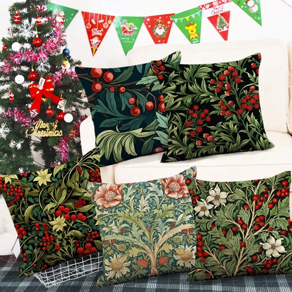 5 pièces Housse de coussin de Noël avec poinsettia et houx - 40 cm x 40 cm Housse de coussin festive pour la décoration de fêtes