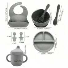 Set di stoviglie per bambini in silicone da 8 pezzi, include piatto da alimentazione, ciotola, bavaglino, ciuccio, tazza, cucchiaio, forchetta e set di cibo supplementare.
