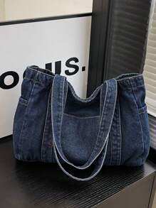 1pc High-Quality Blue Canvas Shoulder Bag, Large Capacity Commuting/Shopping Tote Bag, Minimalist Design Handbag For Women, Tote Bags For Students, Multiple Compartments, Perfect For Beach, School, Work & Daily Use