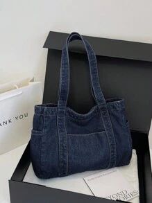 1pc High-Quality Blue Canvas Shoulder Bag, Large Capacity Commuting/Shopping Tote Bag, Minimalist Design Handbag For Women, Tote Bags For Students, Multiple Compartments, Perfect For Beach, School, Work & Daily Use