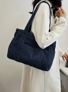 1pc High-Quality Blue Canvas Shoulder Bag, Large Capacity Commuting/Shopping Tote Bag, Minimalist Design Handbag For Women, Tote Bags For Students, Multiple Compartments, Perfect For Beach, School, Work & Daily Use