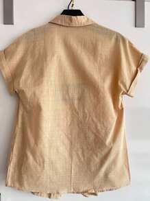 ISA FASHION Set Shirt + 100% Cotton Linen Shorts/Button/Zipper/Belt/Pocket/Lining/Feminine - 米色 - 查看 2