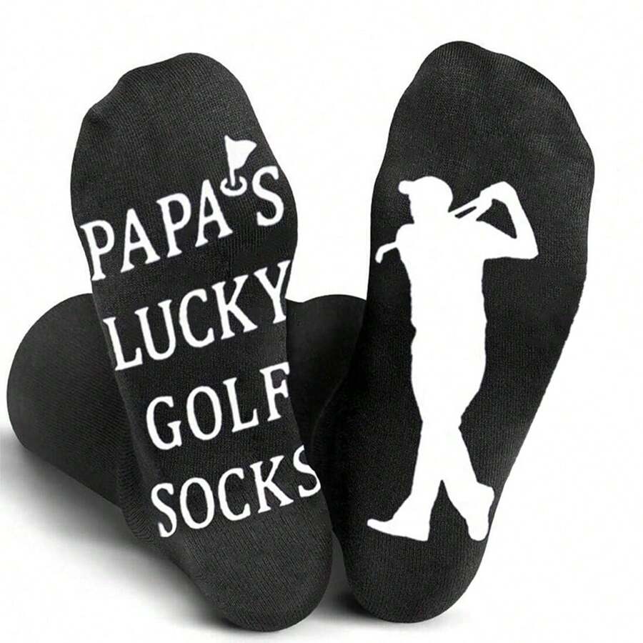 1對男士短襪,繡有 'papa's Lucky Golf Socks'字母,高爾夫球愛好者送爸爸的禮物,有趣的襪子,中筒襪,地板襪,防滑襪 - 黑色 - 查看 1