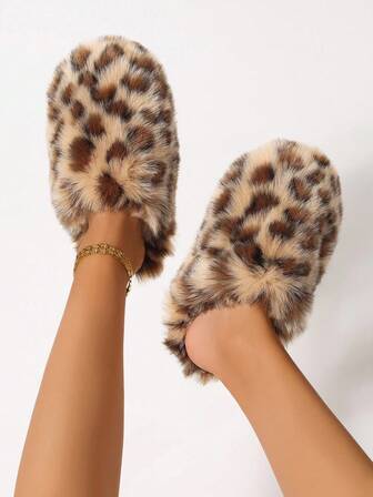 New Winter Warm Furry Slippers Women, Non-Slip Rubber Sole Indoor House Slippers, Leopard Print Flat Plush Slides