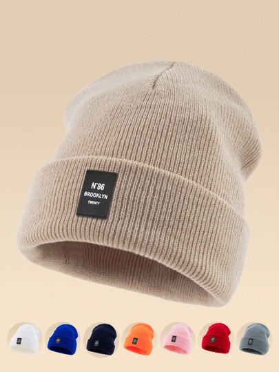 1pc Outdoor Casual N86BROOKLYN Logo Knitted Beanie Hat, Multiple Colors, Warm Winter Skull Cap Fall Outfit