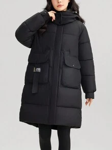 全新冬季女式简约宽松加厚派克大腿长夹克连帽夹克羽绒加厚夹克