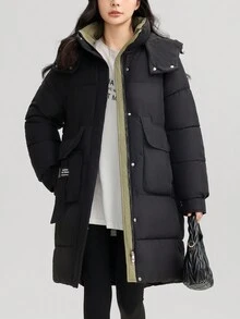 全新冬季女式简约宽松加厚派克大腿长夹克连帽夹克羽绒加厚夹克