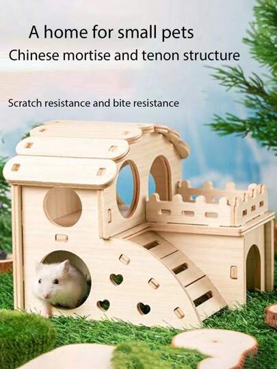 Small Pet Hamster Solid Wood Small House, Golden Bear Double-Decker Small Villa, Hamster Solid Wood Toys, Play Live One-Piece Small Pet Nest 1pc