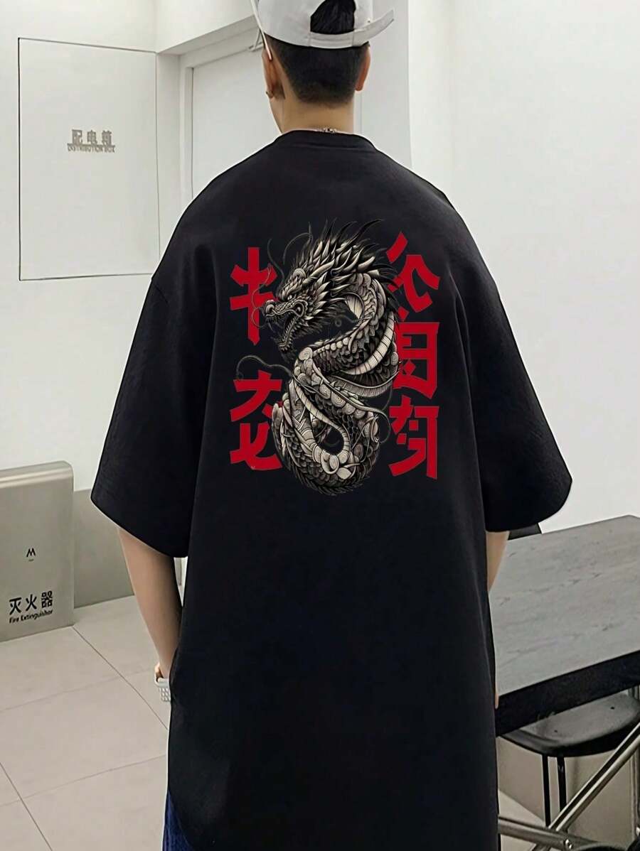 Dragon Men's T-Shirt Streetwear T-Shirt Camisa D Premium 100% Cotton - màu đen - Xem 1