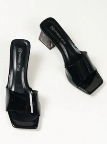 宽版黑色优雅方头系带水晶缀饰高跟凉鞋，女士时尚简约风格，户外防滑耐磨厚跟拖鞋适合宽脚加大码 - 黑色 - 查看 7