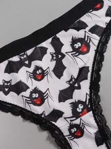 Dircho 5pcs Women Sexy Cute Gothic Contrast Lace Thongs, Halloween White Black Eyeballs & Skulls & Stars & Bats Allover Print Comfy Silky Intimates Panties, Women's Underwear & Lingerie