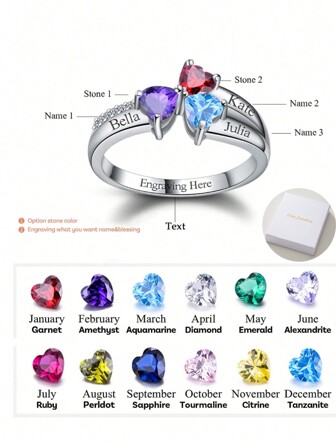 Exquisite And Elegant, 12 Color Birthstone And Custom Name Heart-Shaped Cubic Zirconia Fashion Ring, Women's Jewelry For Christmas, Anniversaries, Valentine's Day, Thanksgiving, Gifts With Beautiful Commemorative Significance