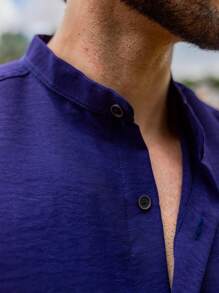 Men's Short Sleeve Shirt With Priest Collar Elegant Casual Party Work - 藏蓝色 - 查看 3