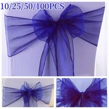 10/25/50/100pcs Navy Blue Organza Chair Sash, 18cm X 275cm Organza Bowknot Chair Decoration For Christmas, Wedding, Party, Events, Graduation Ceremony, Backdrop, Gift Wrapping