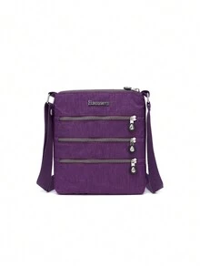 Women's Lightweight Nylon Crossbody Bag With Multiple Zipper Pockets, Envelope Purse - Purple - View 2