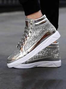 High-Top Glitter Rhinestone Embellished Sports Sneakers, Unisex Casual Fitness Shoes - Silver - View 5