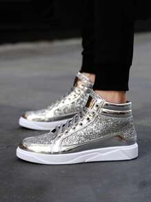 High-Top Glitter Rhinestone Embellished Sports Sneakers, Unisex Casual Fitness Shoes - Silver - View 3