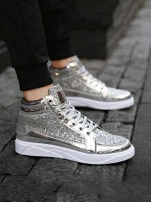 High-Top Glitter Rhinestone Embellished Sports Sneakers, Unisex Casual Fitness Shoes - Silver - View 2