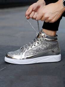 High-Top Glitter Rhinestone Embellished Sports Sneakers, Unisex Casual Fitness Shoes - Silver - View 1
