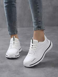 Women's Solid Color Casual Sport Shoes, Soft & Thick Sole Slip-On Comfy Walking Sneakers, Breathable Low-Top Wedge Shoes - White and Black - View 3