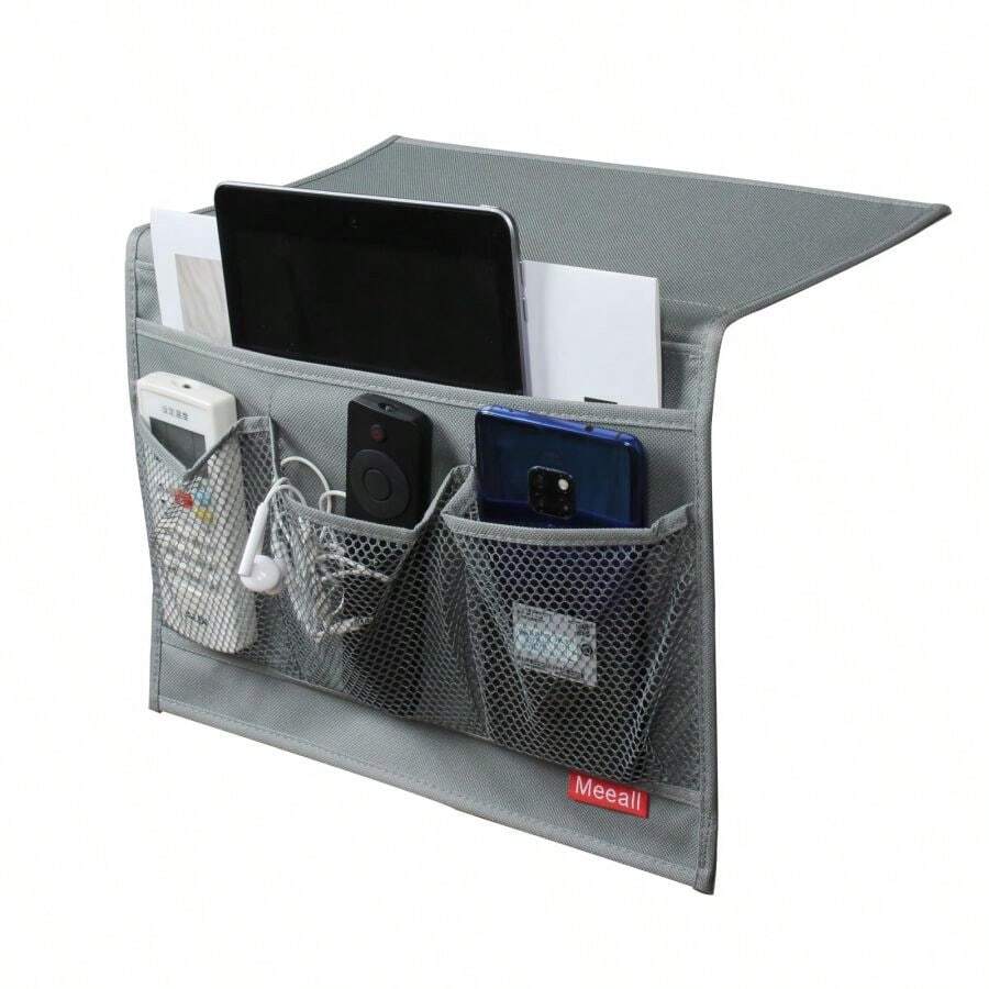 Bedside Caddy 6 Pockets Bedside Organizer Caddy Fit Tablet Magazine Phone Glasses, Under Mattress Remote Control Holder Storage Organizer - 灰色 - 查看 1