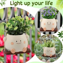 1 Peça Vaso de Plantas com Rosto Sorridente Brilhante, Pequeno Vaso Suspenso para Plantas Internas e Externas, Vaso de Flores Suspenso Fofo para Planta Colar de Pérolas Viva, Suculento Feliz de Resina