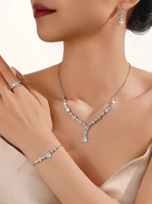 Juego de joyería de 5 piezas chapado en oro de 14K para mujeres, incluye collar, aretes, pulsera, anillo, diseño de gota, adecuado para novia, boda, fiesta, celebración, regalo para amigos