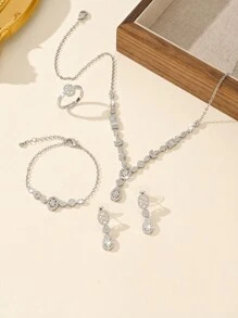 Juego de joyería de 5 piezas chapado en oro de 14K para mujeres, incluye collar, aretes, pulsera, anillo, diseño de gota, adecuado para novia, boda, fiesta, celebración, regalo para amigos